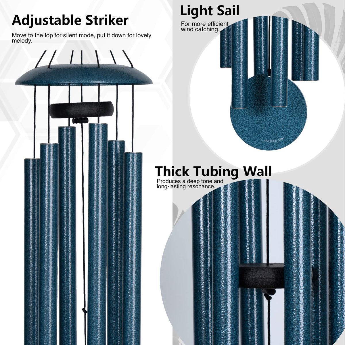 Vanquer wind chimes feature six pentatonic tubes tuned for soothing melodies.