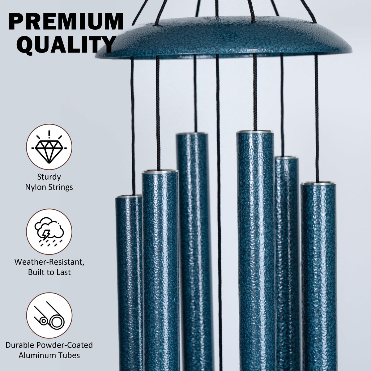 Vanquer chimes use UHMW striker and sturdy cord for long-lasting resonance.