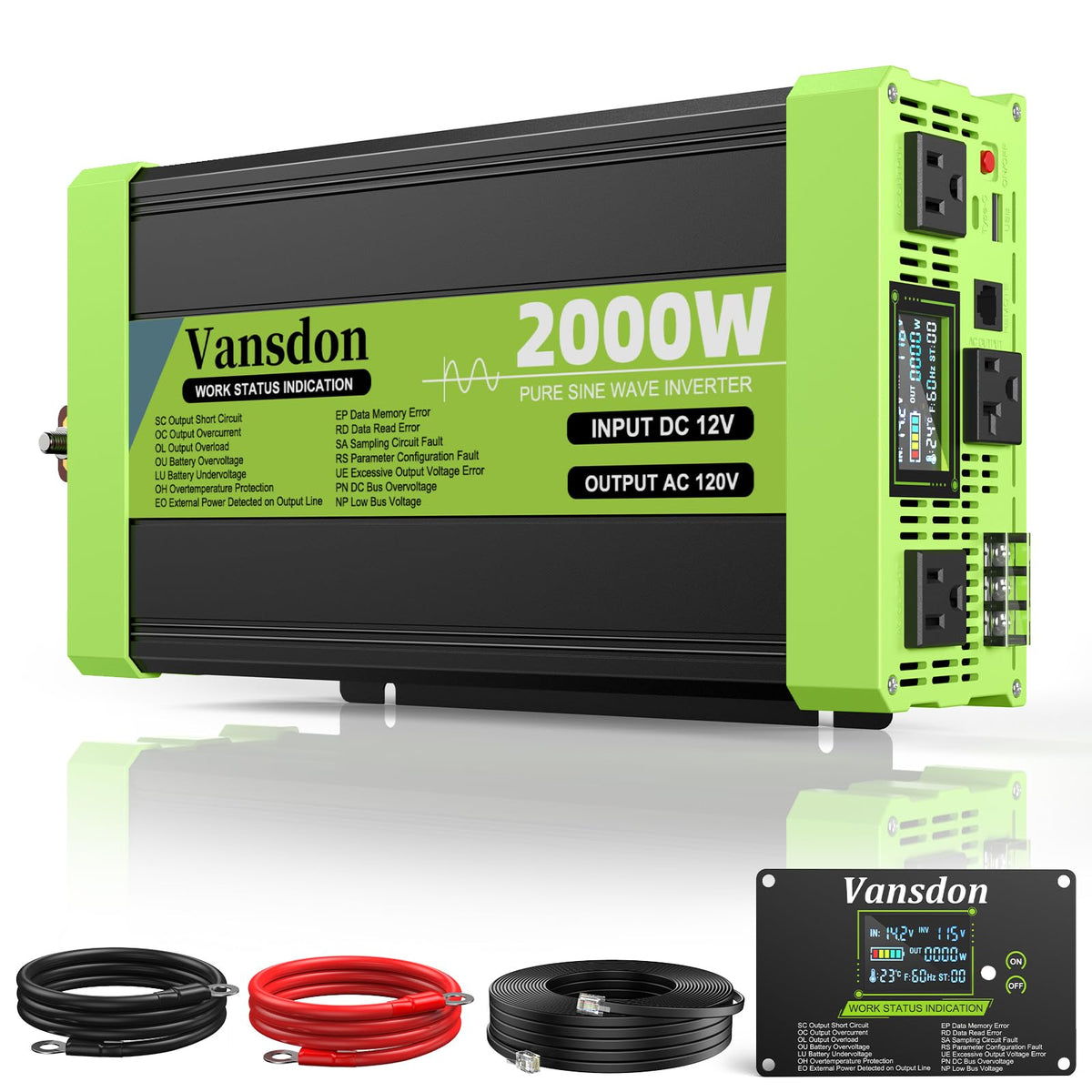 Vansdon 2000W inverter front view powering RV devices with clean sine power.