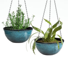 Vanslogreen 12-inch blue glazed hanging planter for indoor and outdoor use.