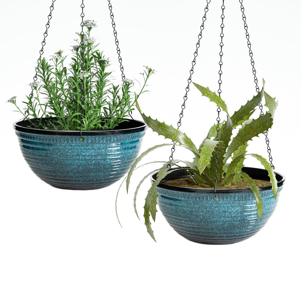 Vanslogreen 12-inch blue glazed hanging planter for indoor and outdoor use.