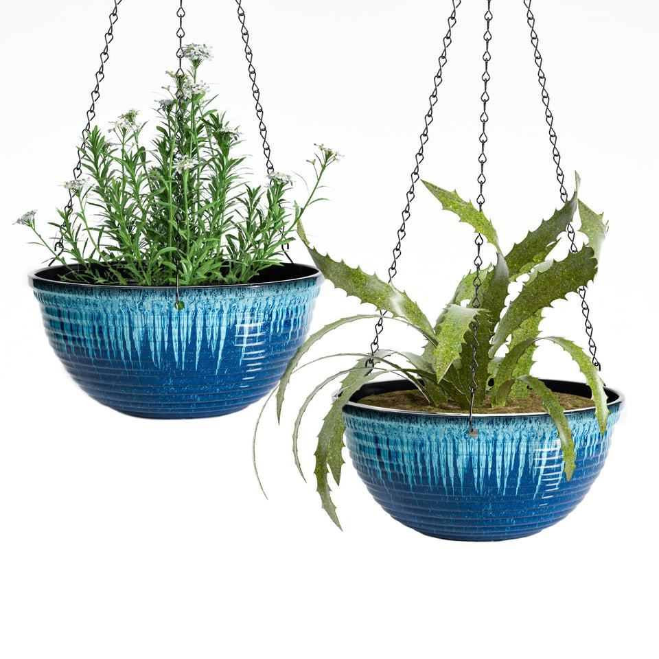 Vanslogreen 12-inch planter with blue flow glaze for indoor display.