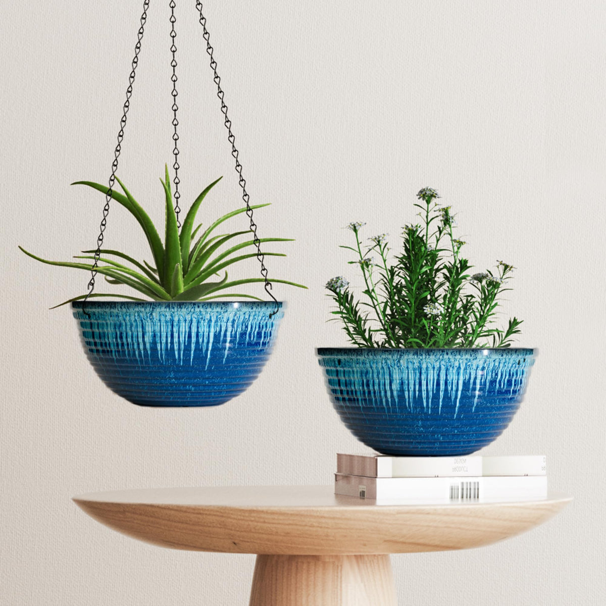 Vanslogreen blue glaze planter in garden setting demonstrates versatile styling.