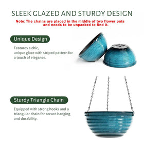 Vanslogreen 2-pack hanging planter glazed blue, side view ideal for balcony and patio plants.