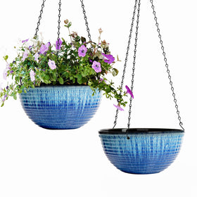 Vanslogreen blue flow glaze hanging planter adds a glossy indoor or outdoor accent.