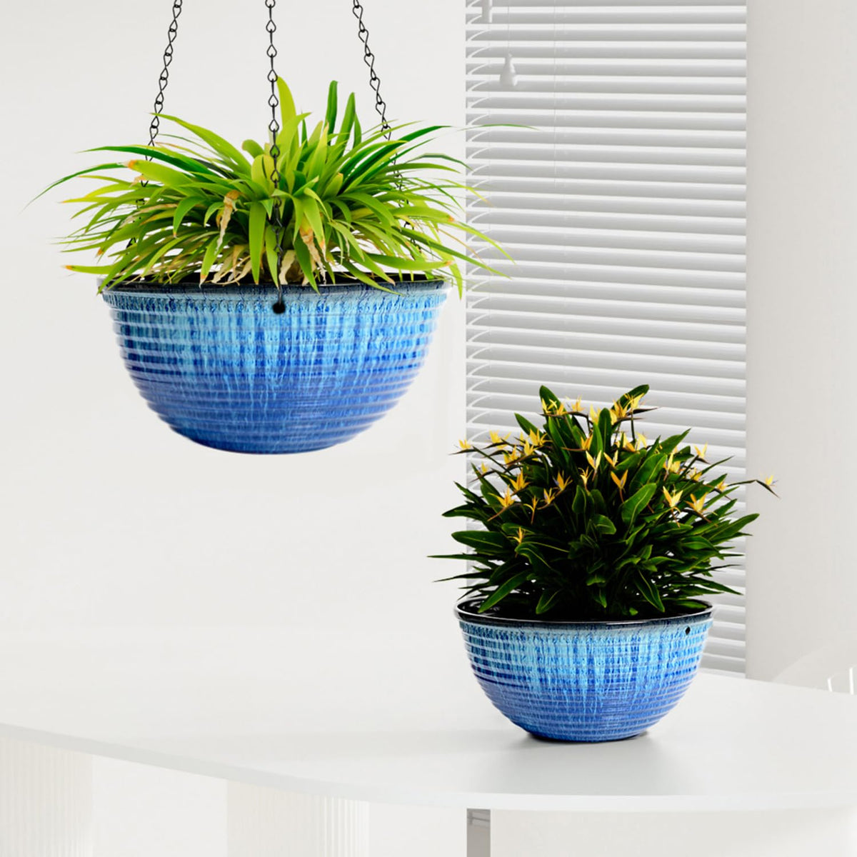 Vanslogreen glazed-detail hanging planter enhances modern garden spaces.