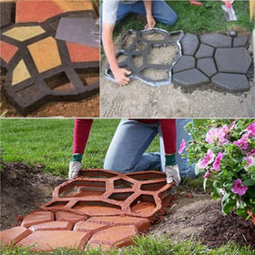 VanSmaGo Walk Maker stone mold for paving stepping stones in a garden.