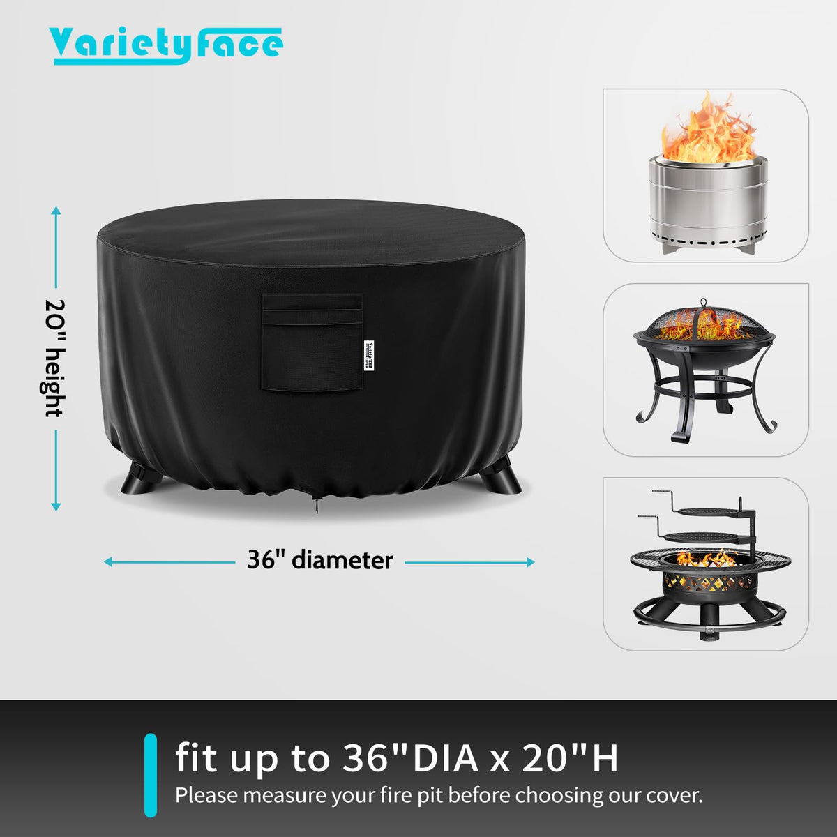 VARIETYFACE 36-inch round fire pit cover fits tightly for a clean look.
