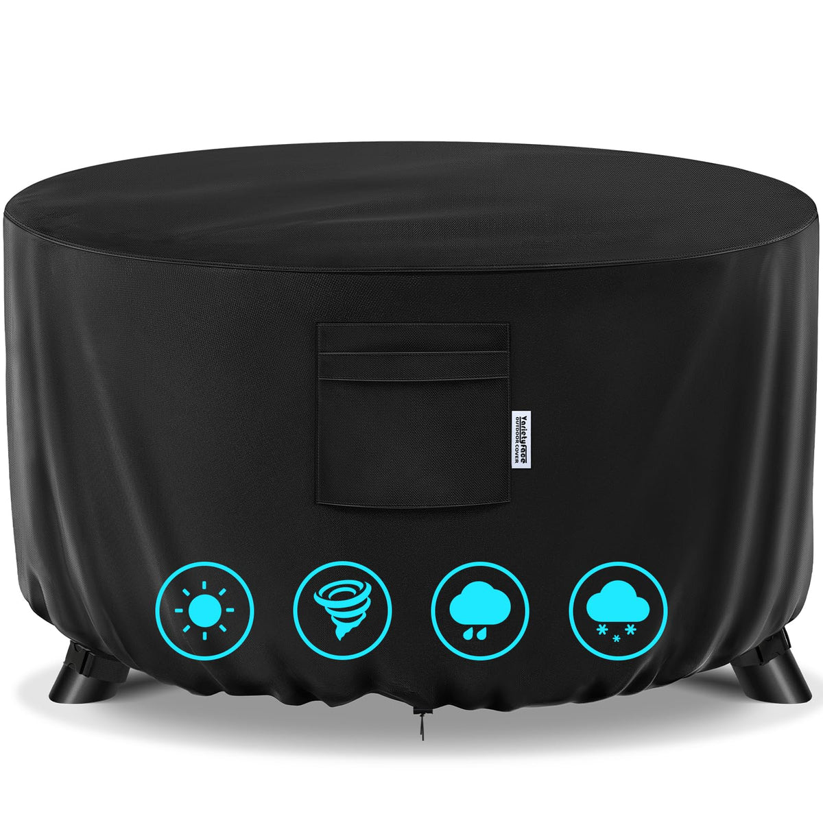 VARIETYFACE fire pit cover with storm-secure buckles provides wind protection.