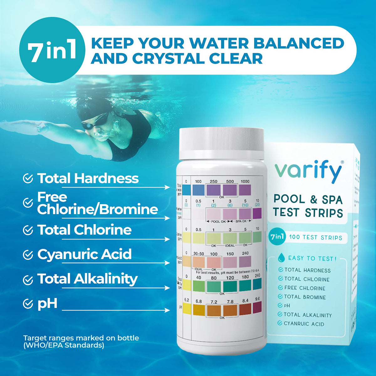 VARIFY color chart on strips helps easy chlorine and pH reading