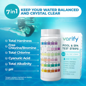 VARIFY color chart on strips helps easy chlorine and pH reading
