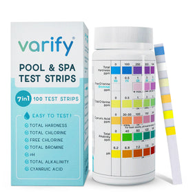 VARIFY seven-in-one test strips being dipped for quick water analysis