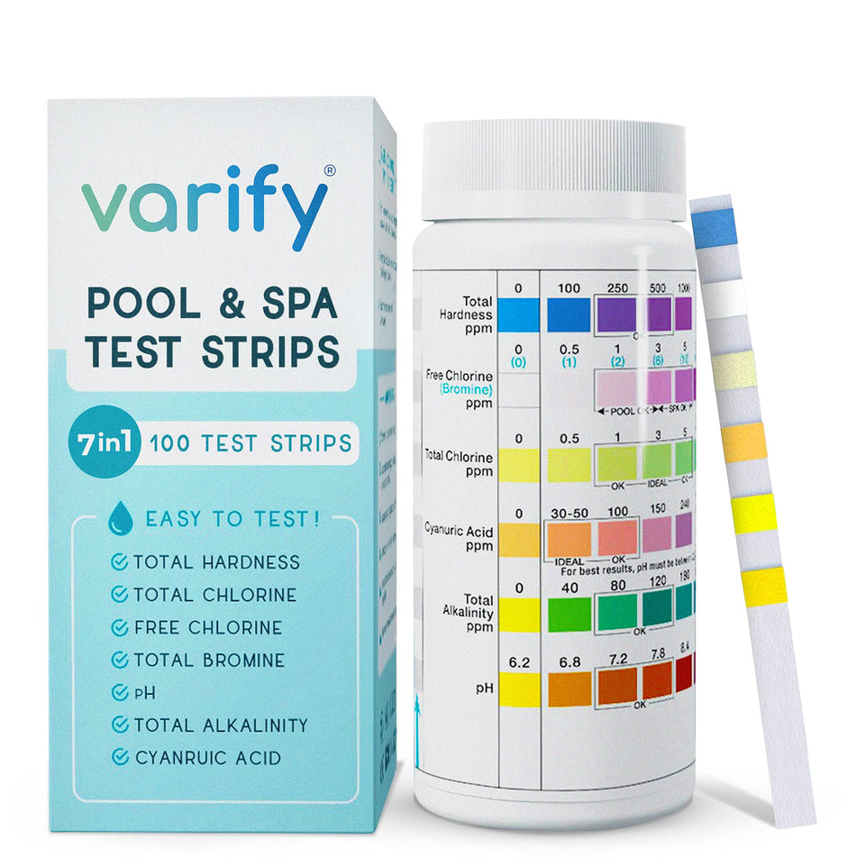 VARIFY seven-in-one test strips being dipped for quick water analysis