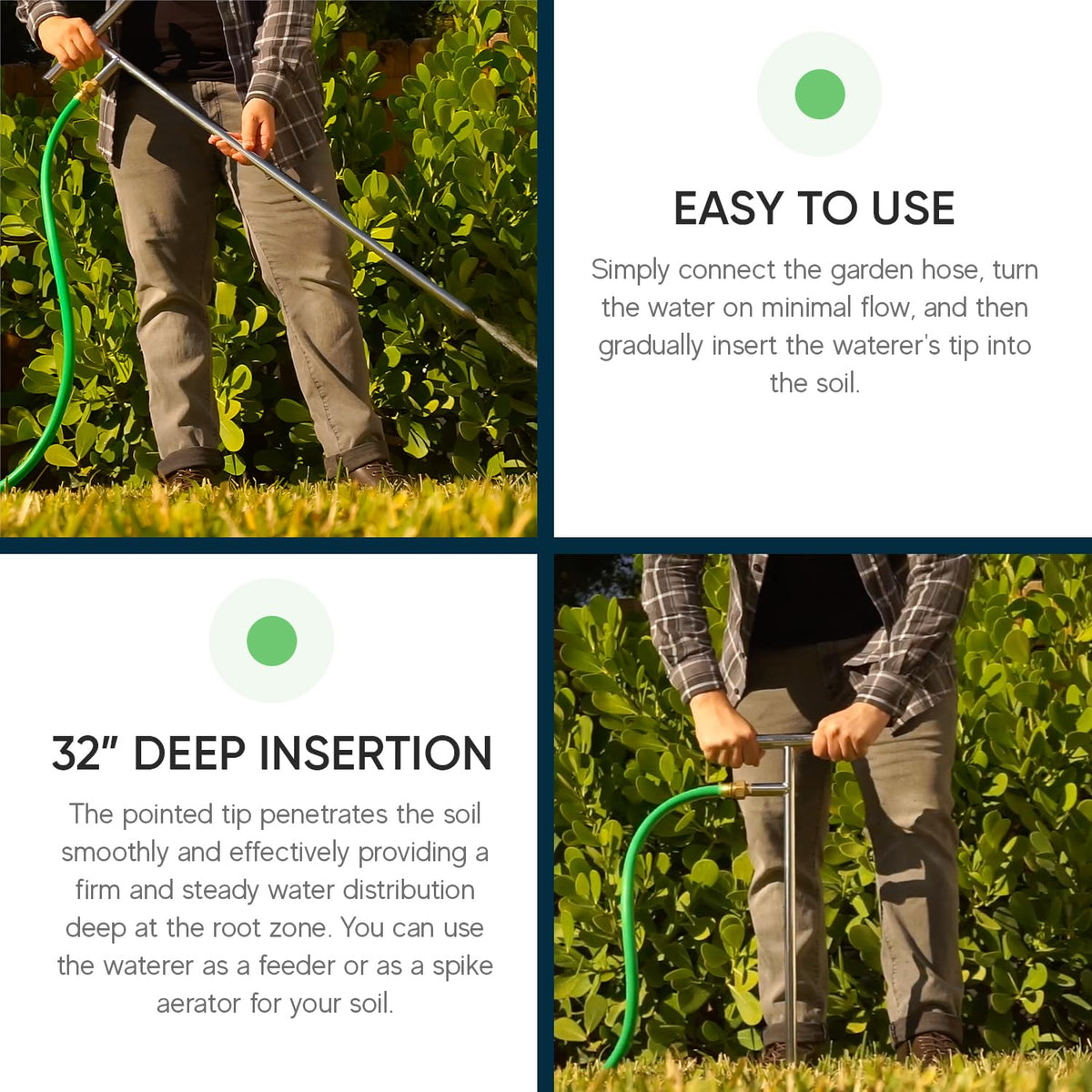 Varomorus pointed solid tip penetrating soil for deep watering.