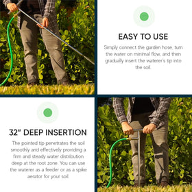 Varomorus pointed solid tip penetrating soil for deep watering.