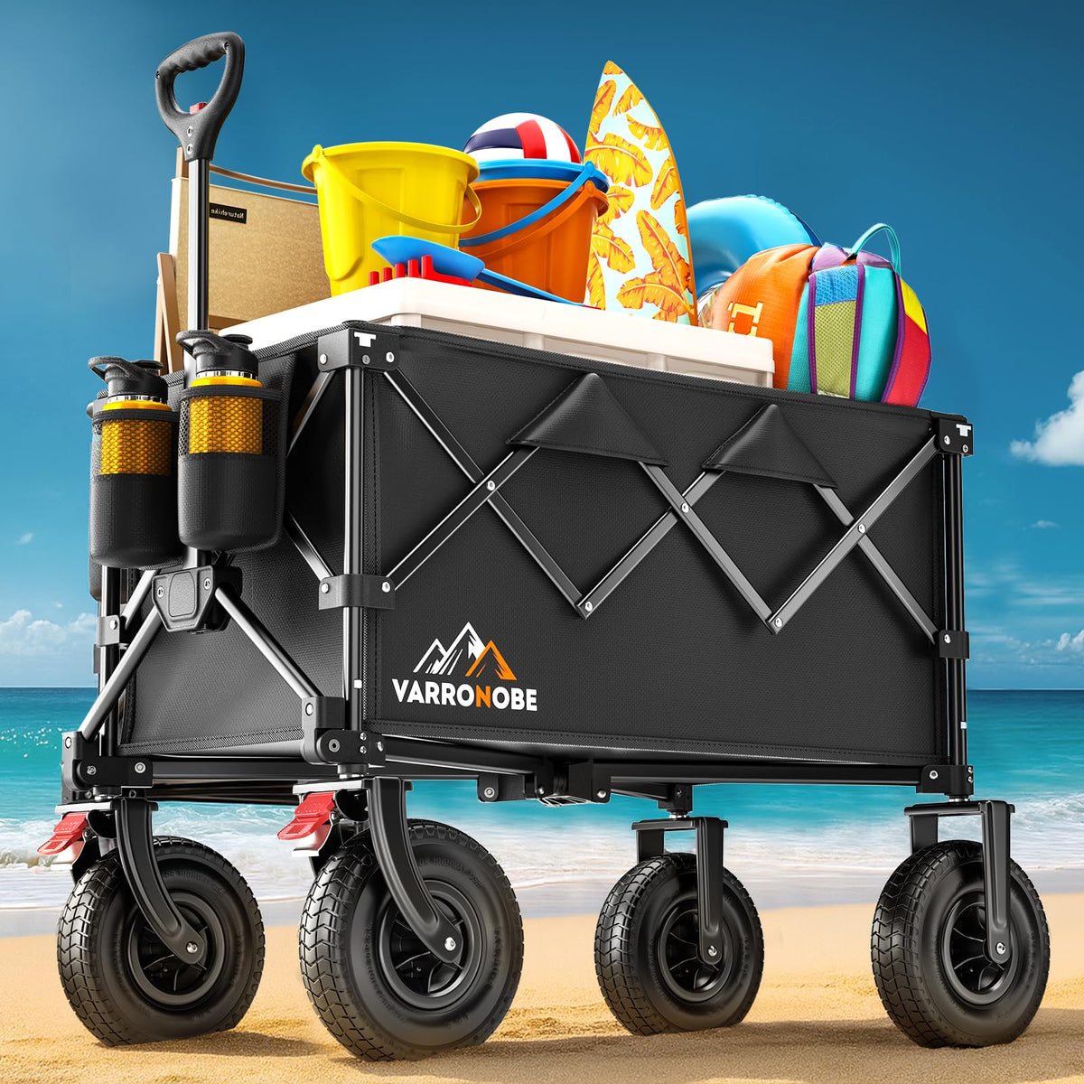 VARRONOBE big rubber wheels beach wagon showing sand-ready traction for easy hauling.