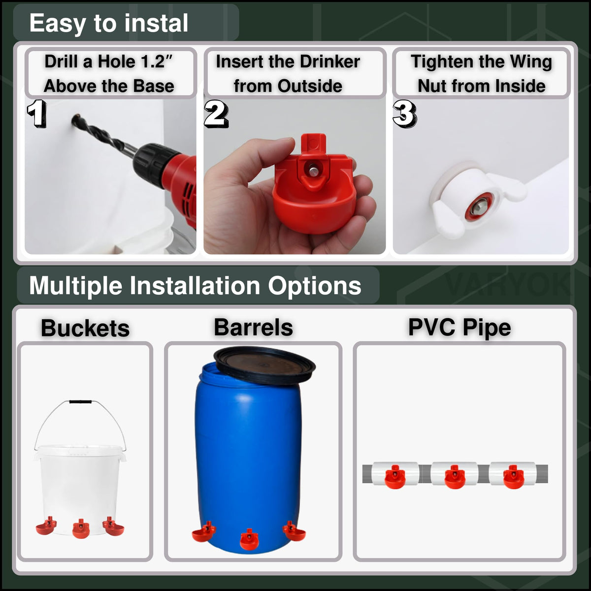 VARYOK heavy-duty water nipples with cups for winter-ready poultry drink system