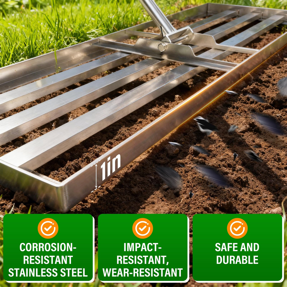 VASALAID lawn leveling rake with 78-inch handle for comfortable reach