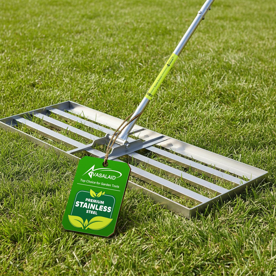 VASALAID lawn leveling rake full view shows durable stainless steel construction
