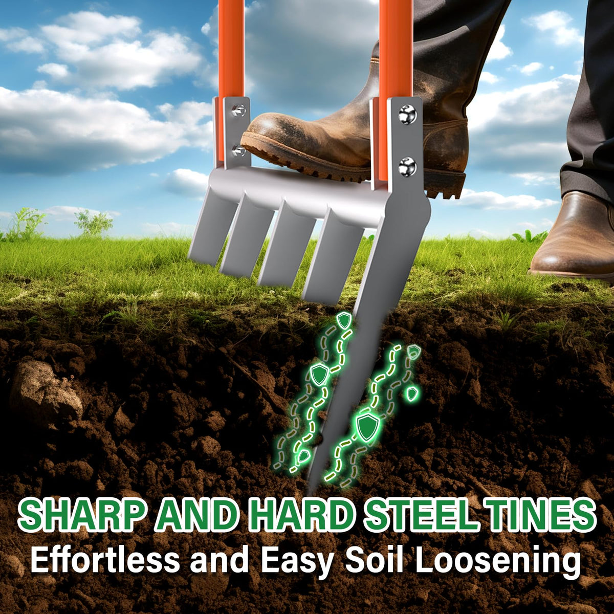 VASALAID broadfork crossbar leverage reduces effort during bed preparation.