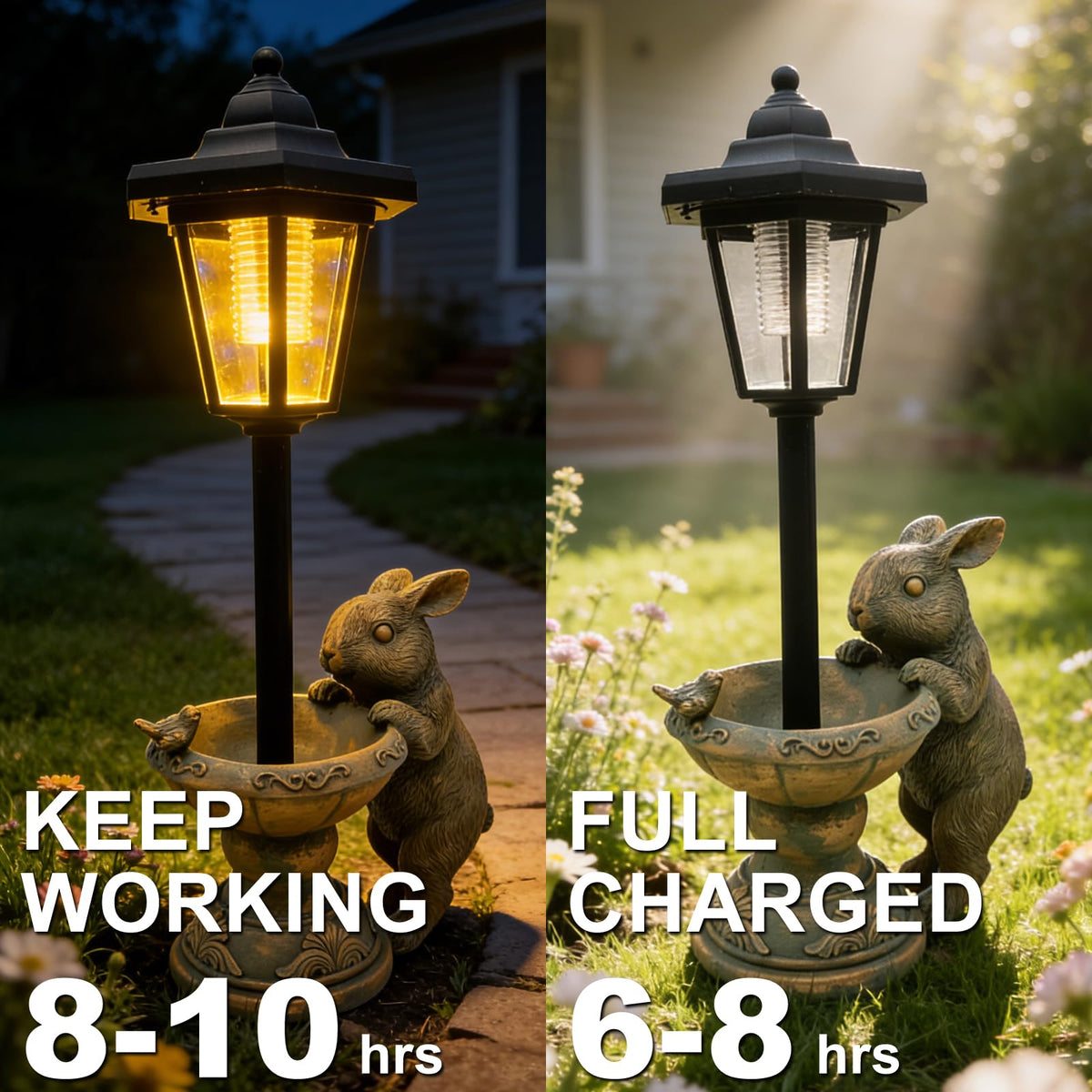 Vasesun bronze rabbit garden ornament brightens pathways after dark.