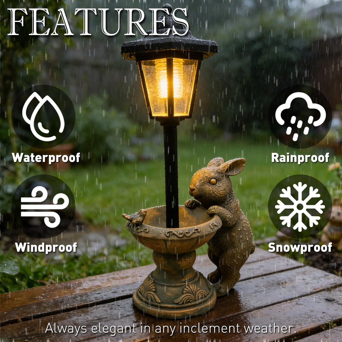 Vasesun waterproof garden sculpture stays charming through rain or snow.