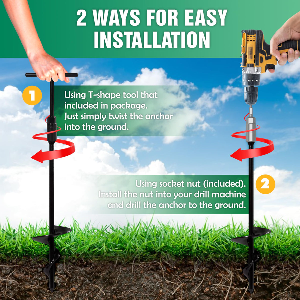 Drill-ready anchor setup with included 14mm socket for quick installation