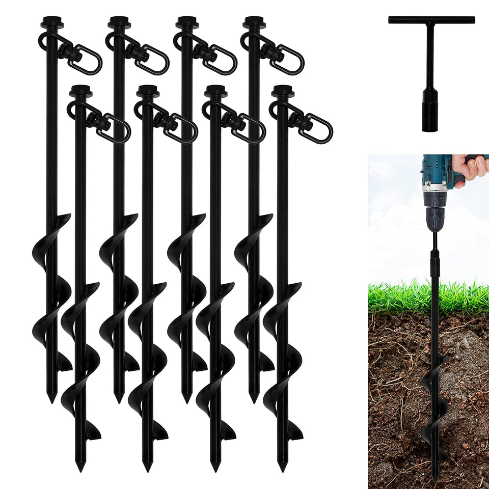 VASGOR ground anchors 8-pack installed with a drill for secure outdoor setups.