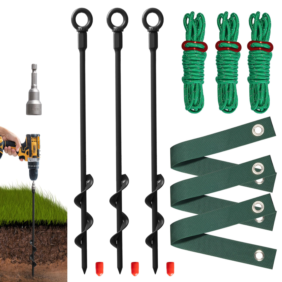 VASGOR heavy-duty 16-inch tree stakes anchored in soil for sturdy growth.