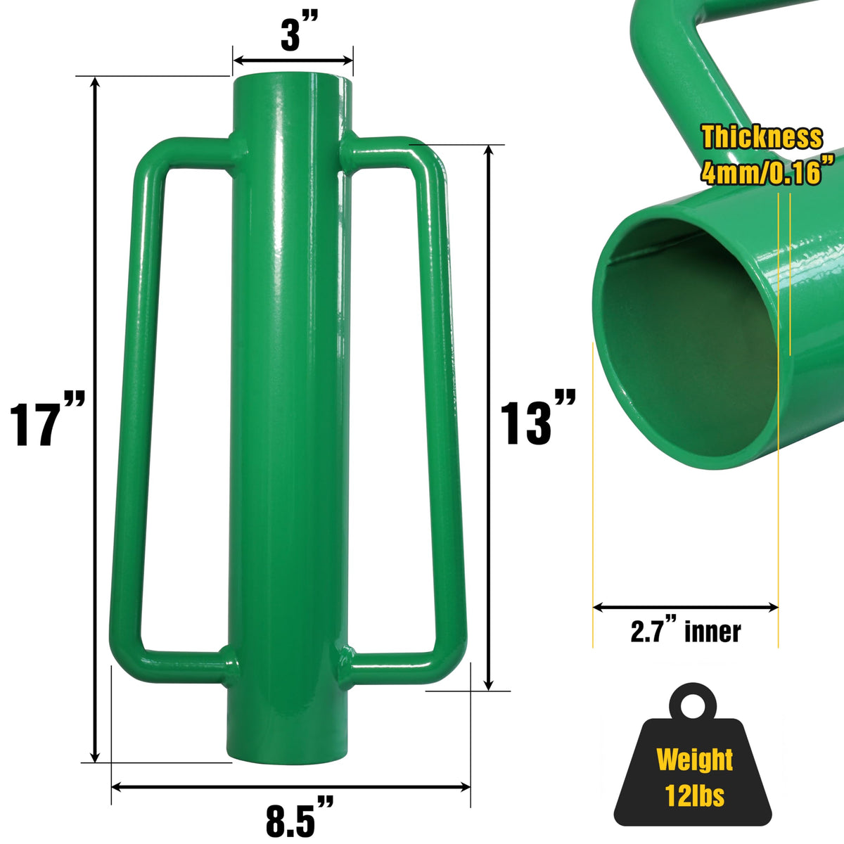 VASGOR heavy-duty post pounder grip and handle provide comfortable operation.