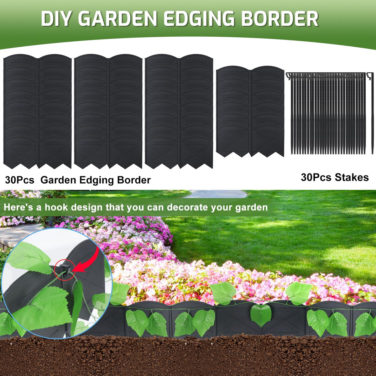 Vashly edging delineates lawn and flower bed with clean lines.