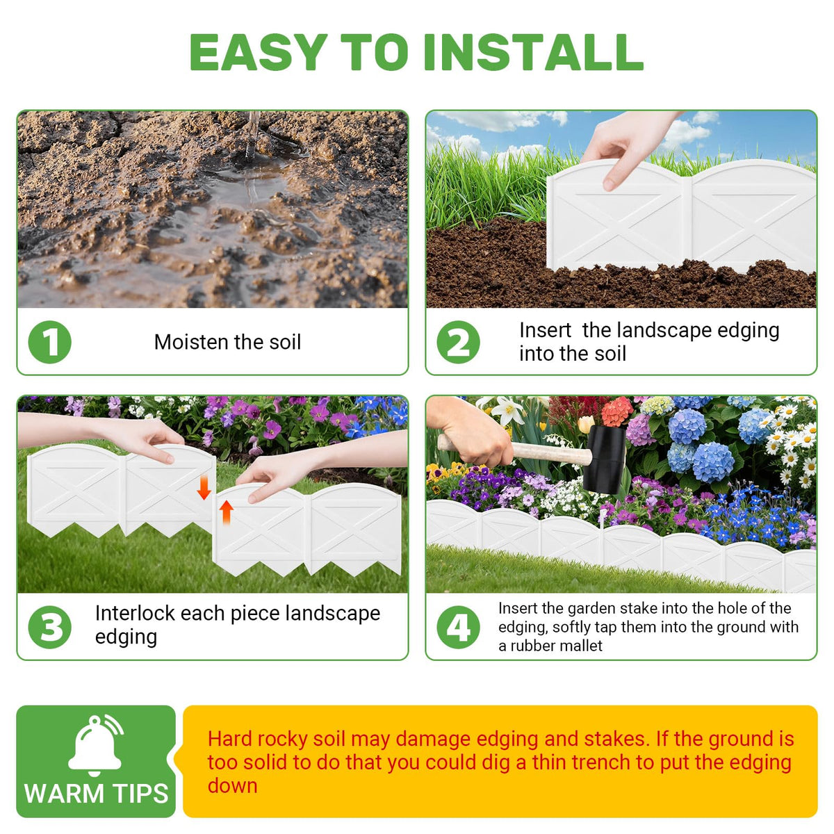 Vashly DIY edging shows easy, no-dig installation with a rubber hammer.