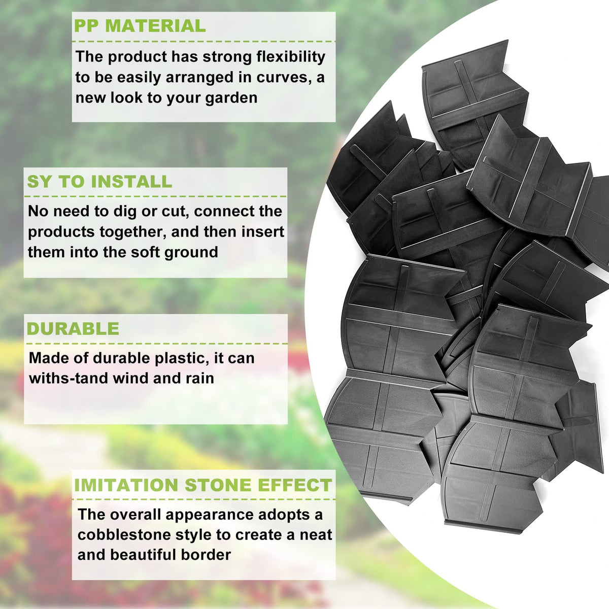 Vashly plastic flower bed border defines beds with a tidy boundary.