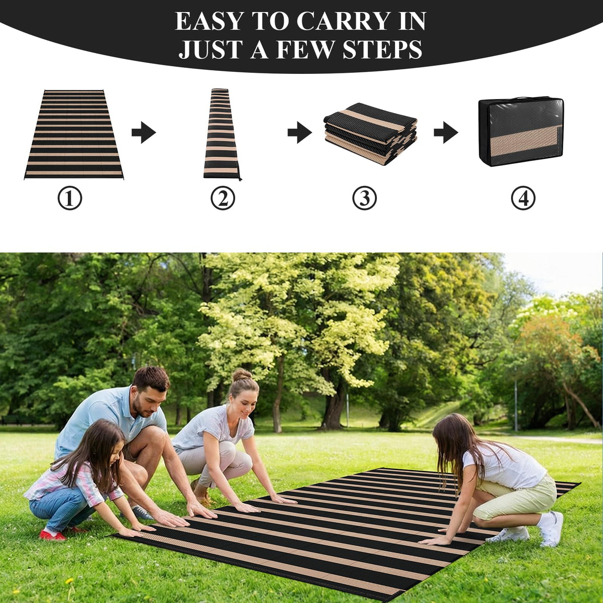 Vaukki rug with corner loops and stakes stays flat on windy days.