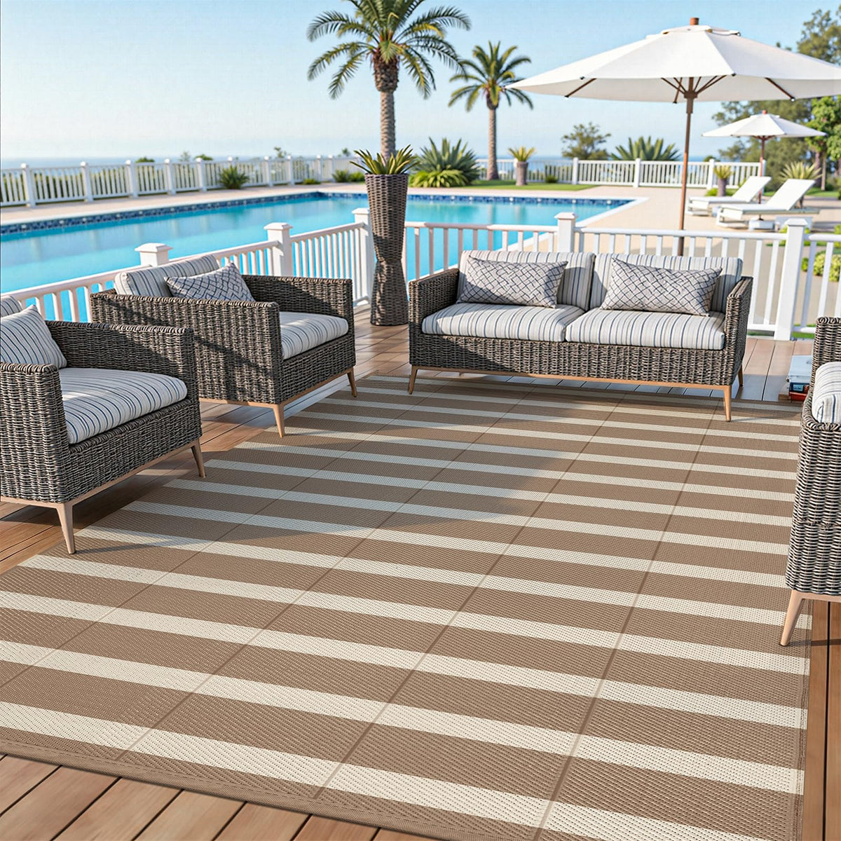 Vaukki brown-beige colorway blends with outdoor furniture