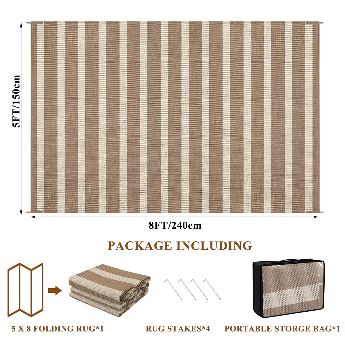 Vaukki outdoor rug showing corner stakes for windy days