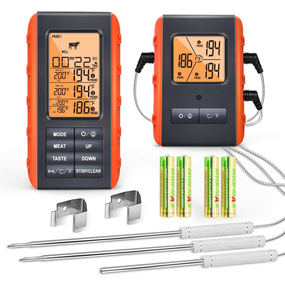 VAUNO wireless meat thermometer with 3 probes for multi‑zone grilling