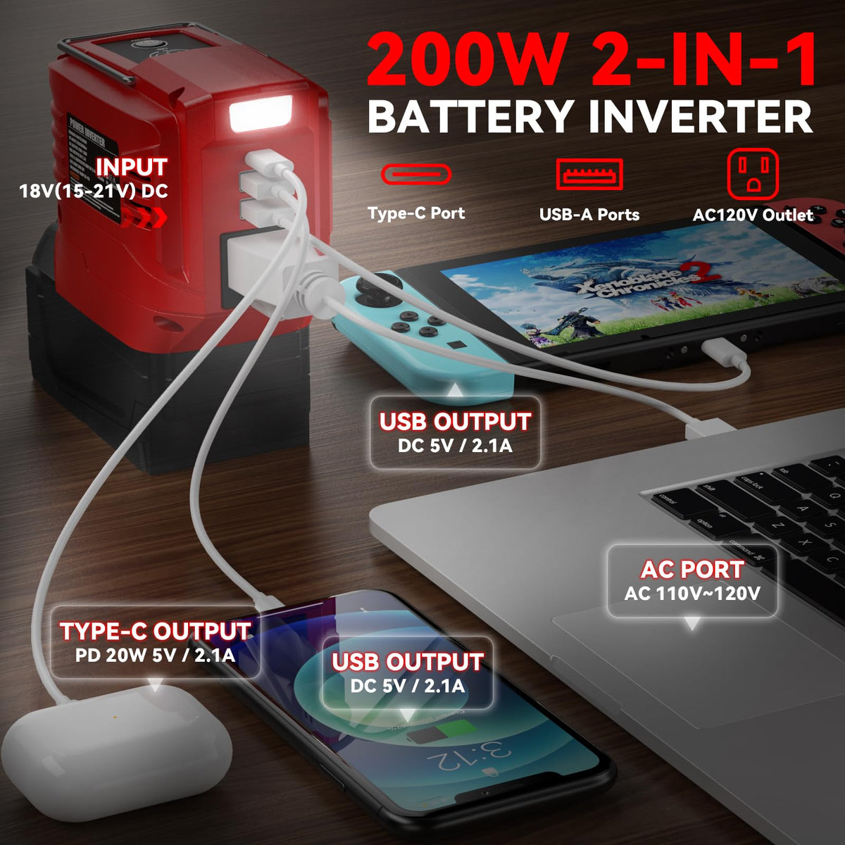 VAXCANZE 200W inverter side ports enable flexible device charging.