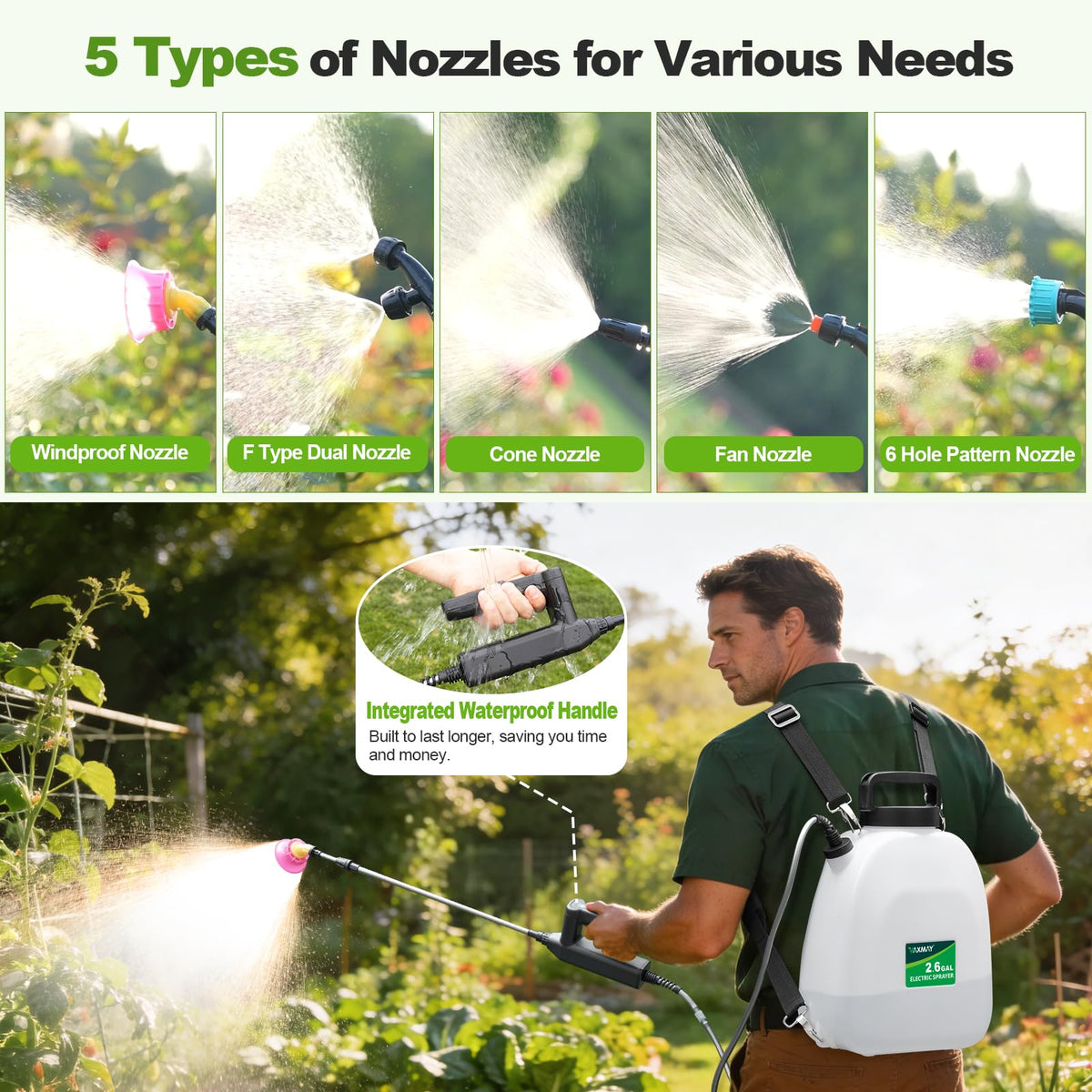 VAXMAY 5 mist nozzles enable versatile spraying patterns