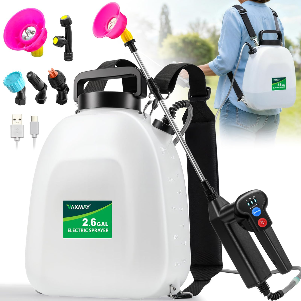 VAXMAY battery-powered sprayer backpack comfort for extended gardening