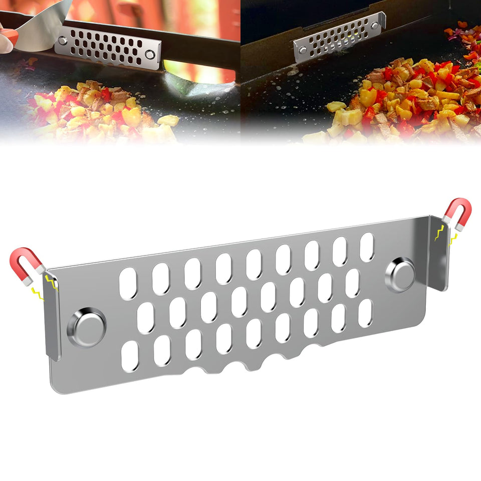 Vayagarden magnetic grease gate attached to a Blackstone griddle showing its guard role