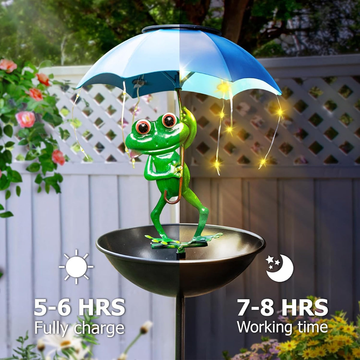 Vbioa solar garden light frog figurine provides warm white glow after sunset.