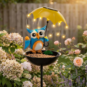 Vbioa solar owl bird feeder outdoors with lights for easy evening birdwatching