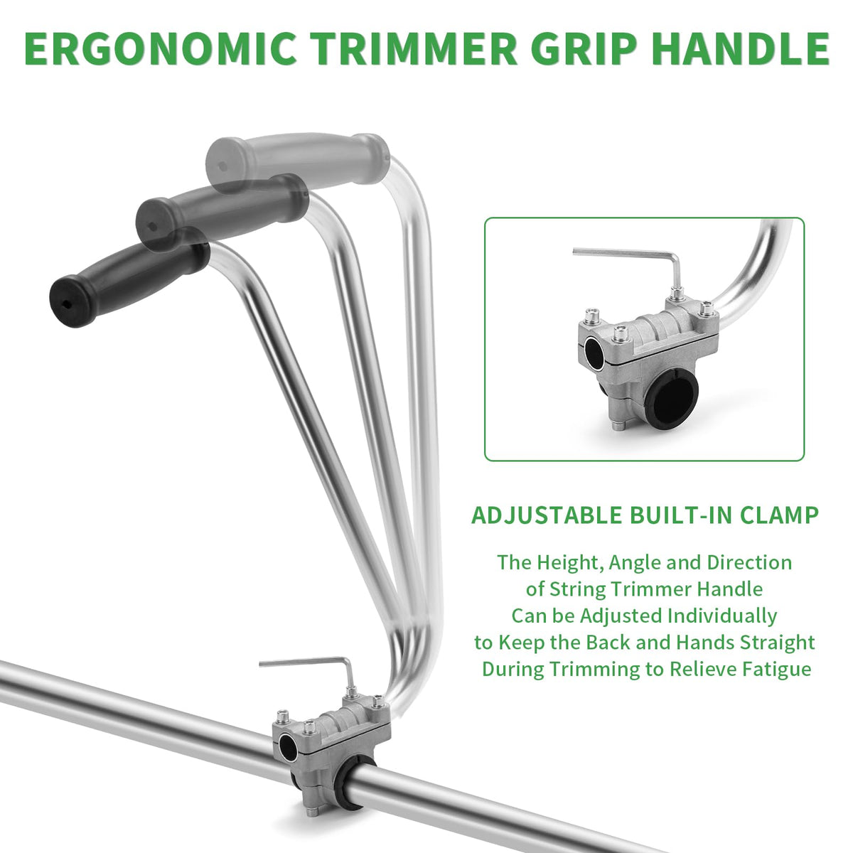 Adjustable clamp lets you tailor height and angle for a natural grip