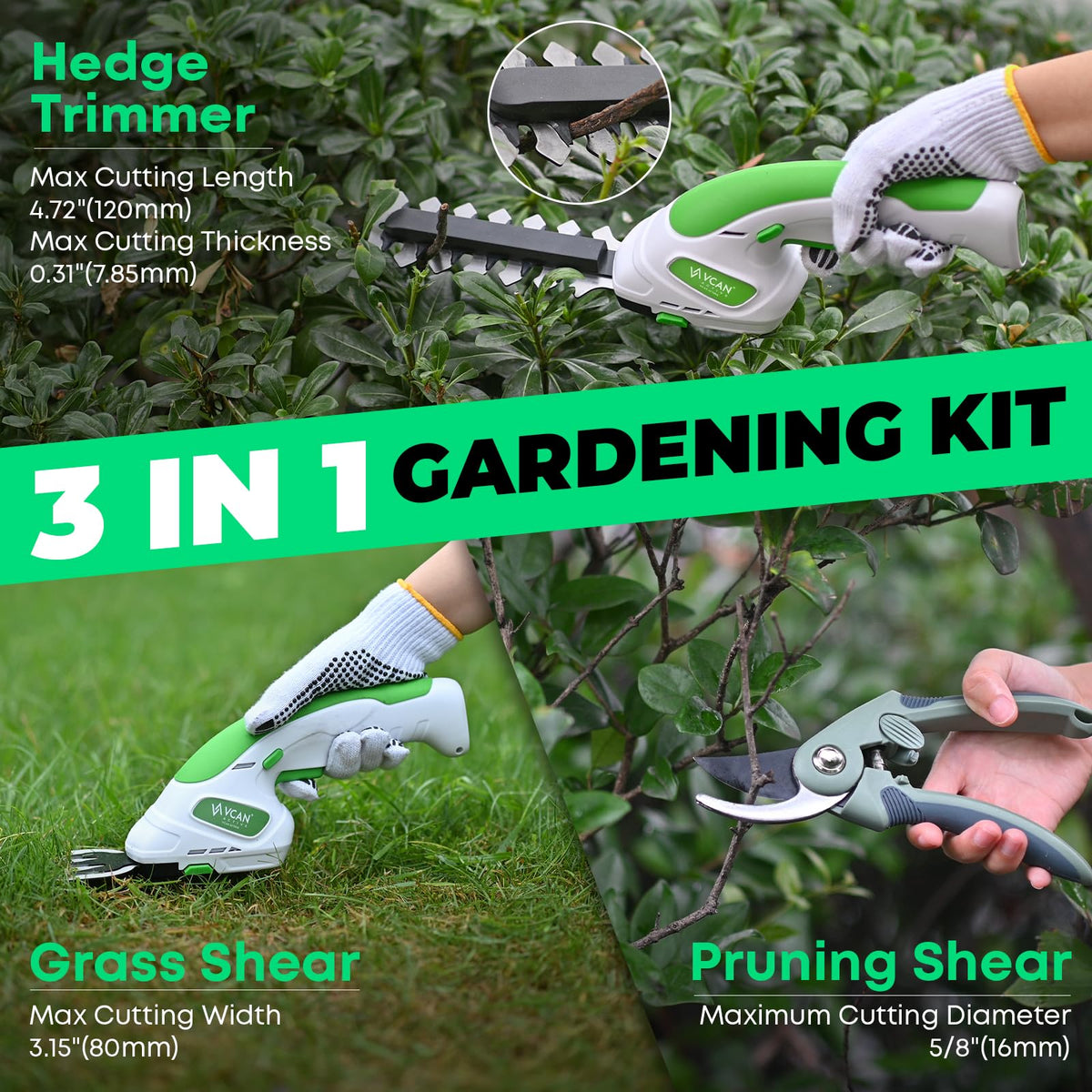 VCAN ACTIVE 2-in-1 design for grass trimming and hedge trimming in one tool.