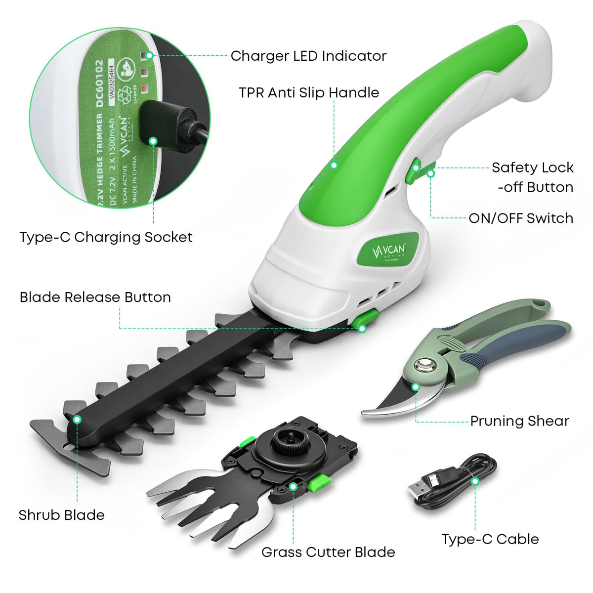 VCAN ACTIVE protective gloves and goggles included for safety during gardening.