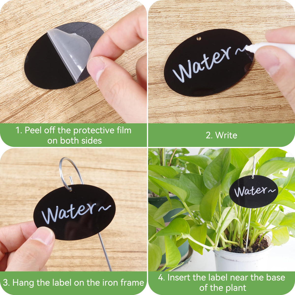 Vcekract labels on potted plants aiding organization and care notes.