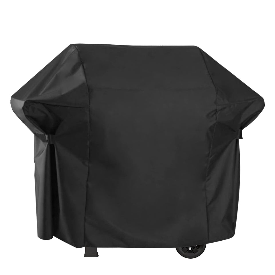 vchin 48-inch grill cover protecting a Weber Spirit from wind and rain.