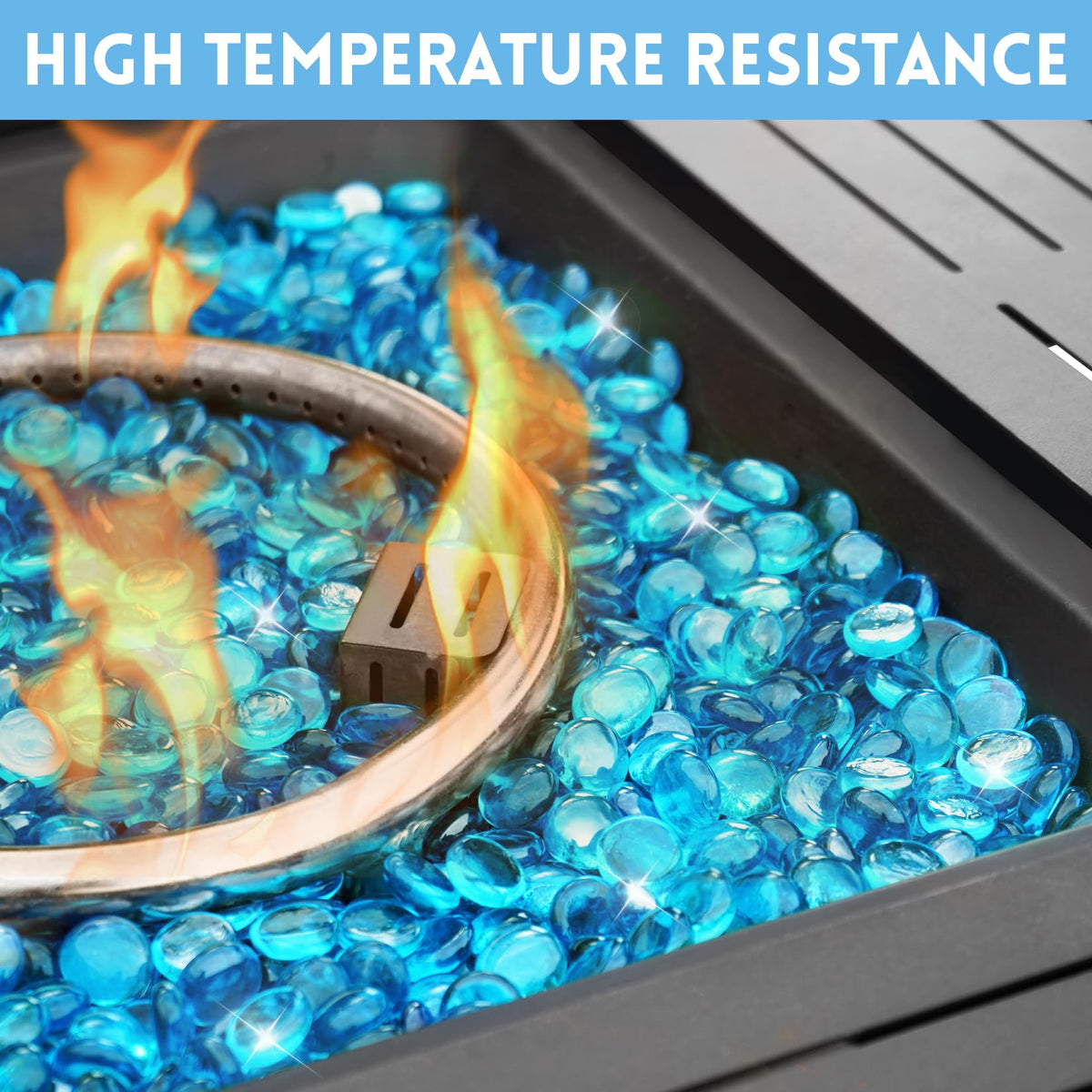 Vchin Caribbean Blue fire glass around burner ring adds modern decor.