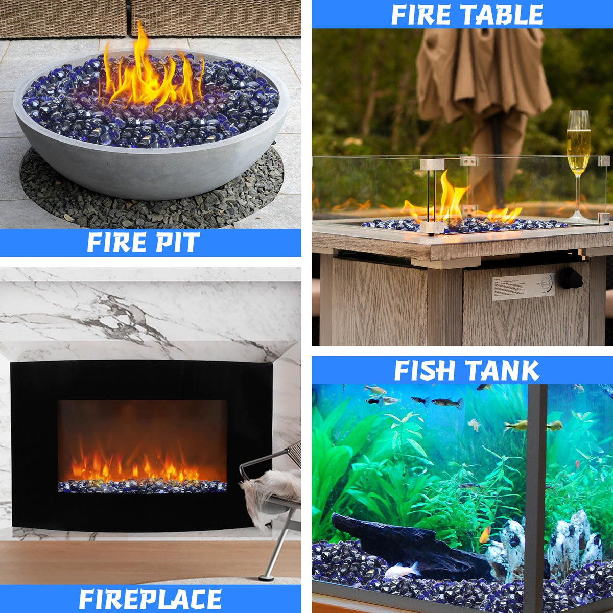 Vchin cobalt blue fire glass decor in a garden setting providing ambient lighting